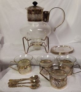 Elegance 16 pc Clear Glass Coffee/Tea Set W/Warmer SilverToned Handles Vintage